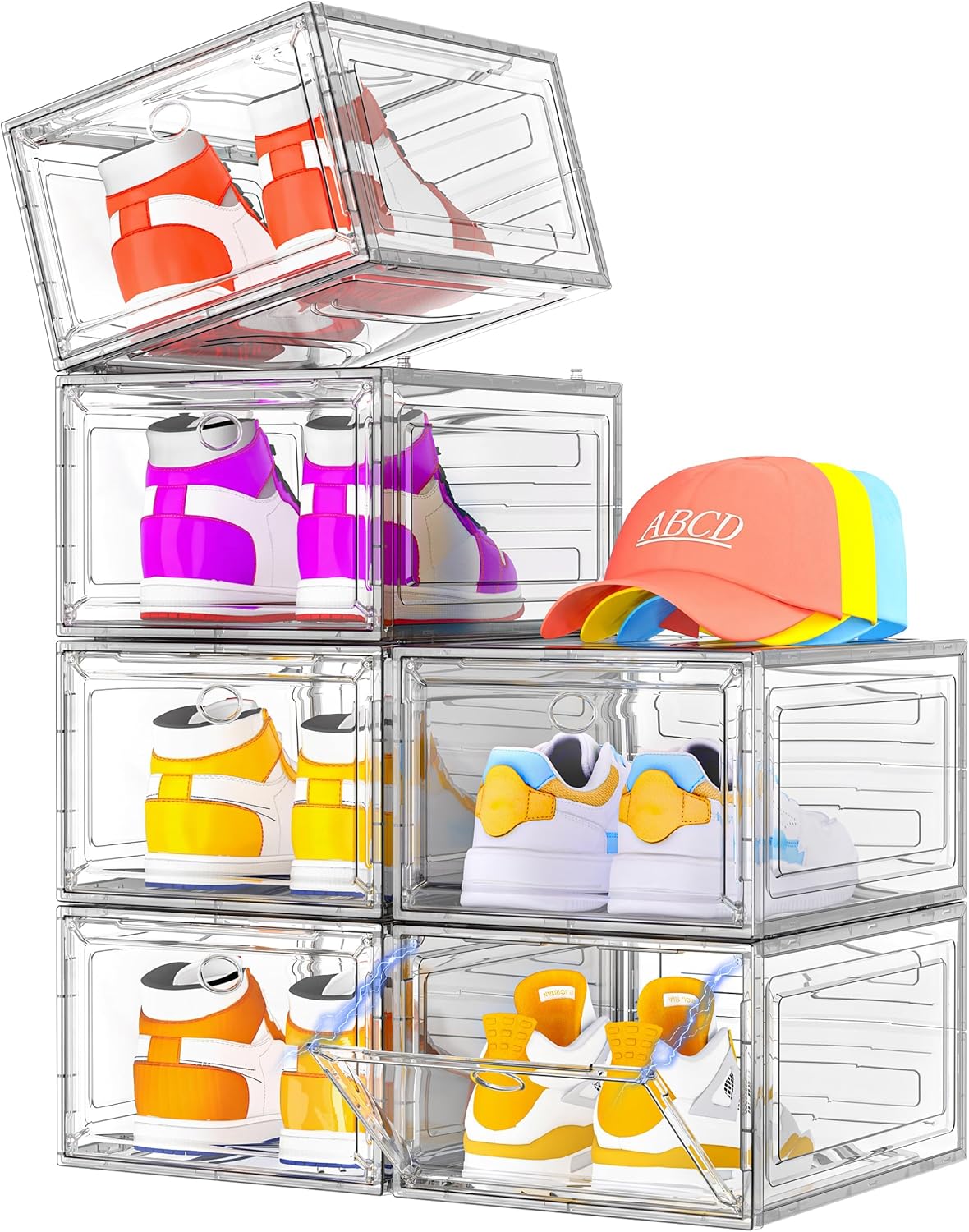 Clear stackable shoe storage organizer with magnetic door